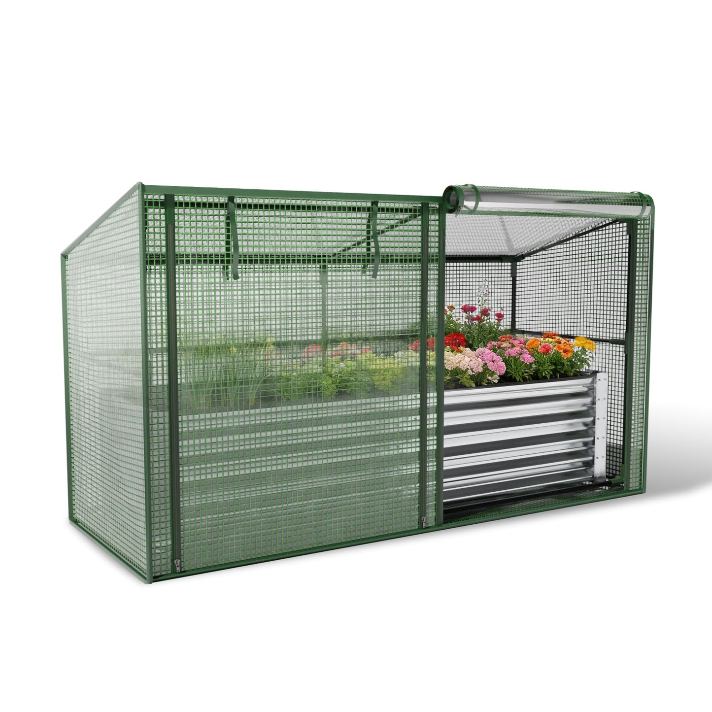 HEAHOLD Galvanized Raised Garden Bed with Greenhouse Cover – 17" Tall Metal Planter Box for Vegetables, Herbs, Flowers, Raised Garden Beds Outdoor with Green Cover for Patio, Balcony, Backyard