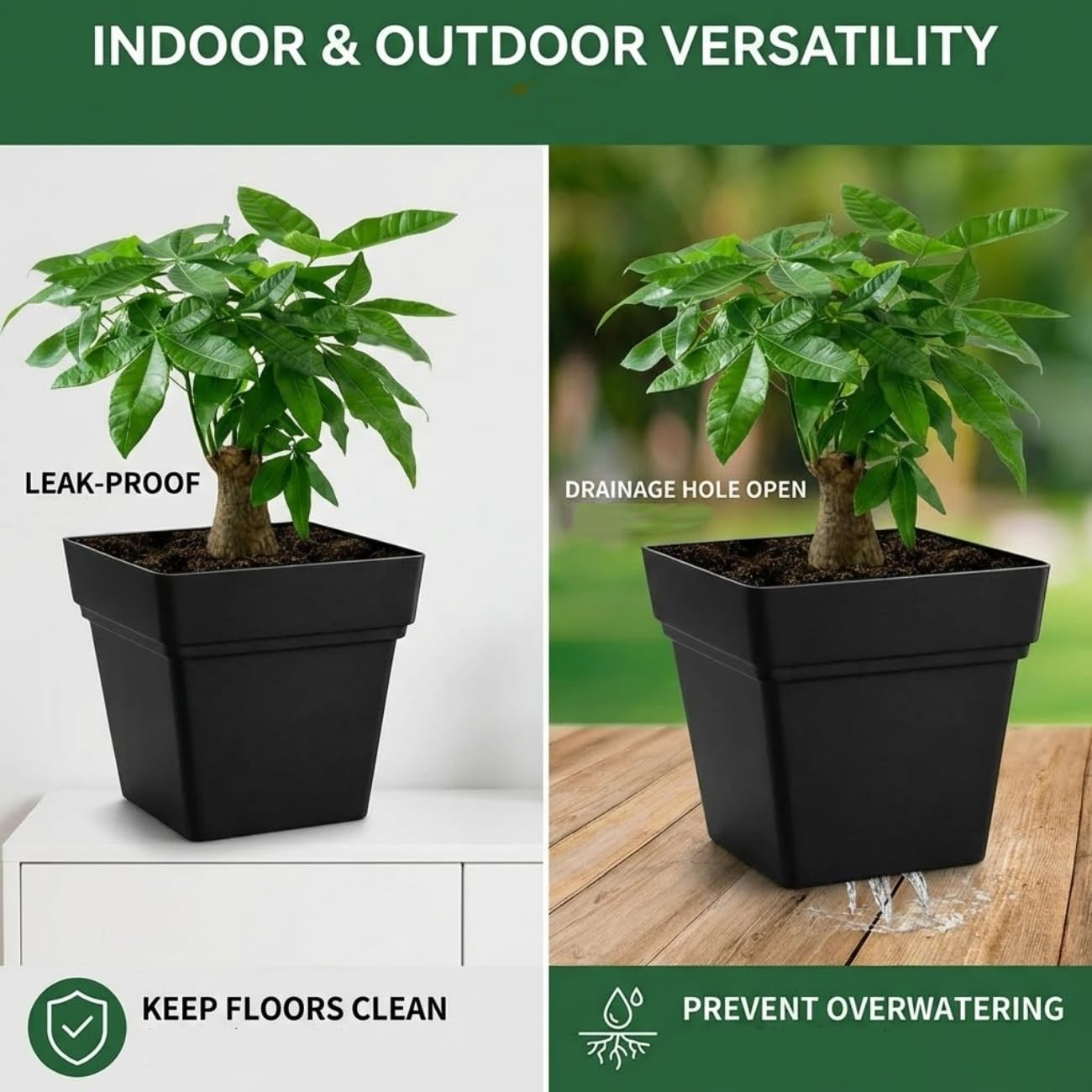 RooTrimmer 6-Pack 7'' Square Planters with Built-in Drainage Tray – Heavy-Duty Black Plastic Planter with Drainage Hole and Bottom Stopper, BPA-Free Plant Pots Matte Finish for Indoor Outdoor