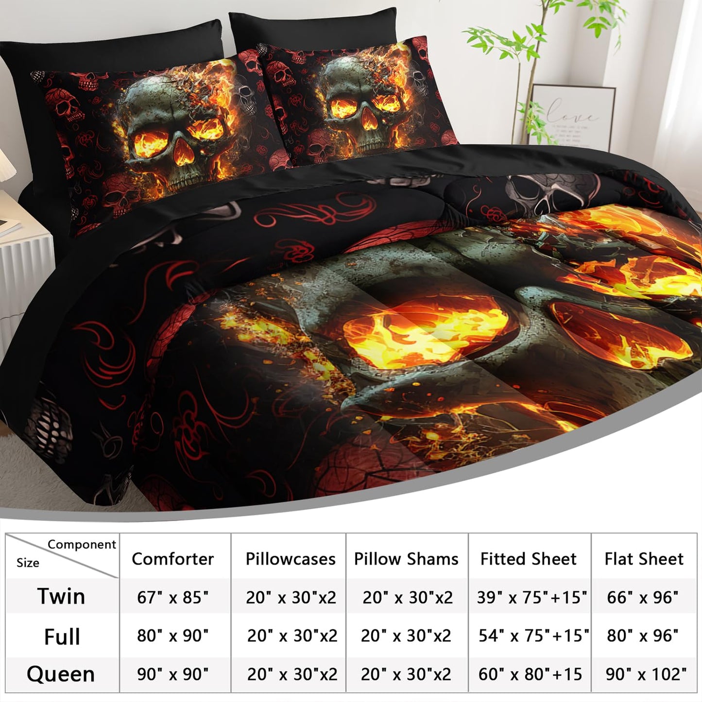 AILONEN 7-Piece Fire Skull Comforter Sets Full Size,3D Skeleton Bedding Set for Kids Boys Teens,Fiery Style Black Tint Comforter & Fitted Sheet with Flat Sheet & 2 Pillowcases,2 Pillow Shams