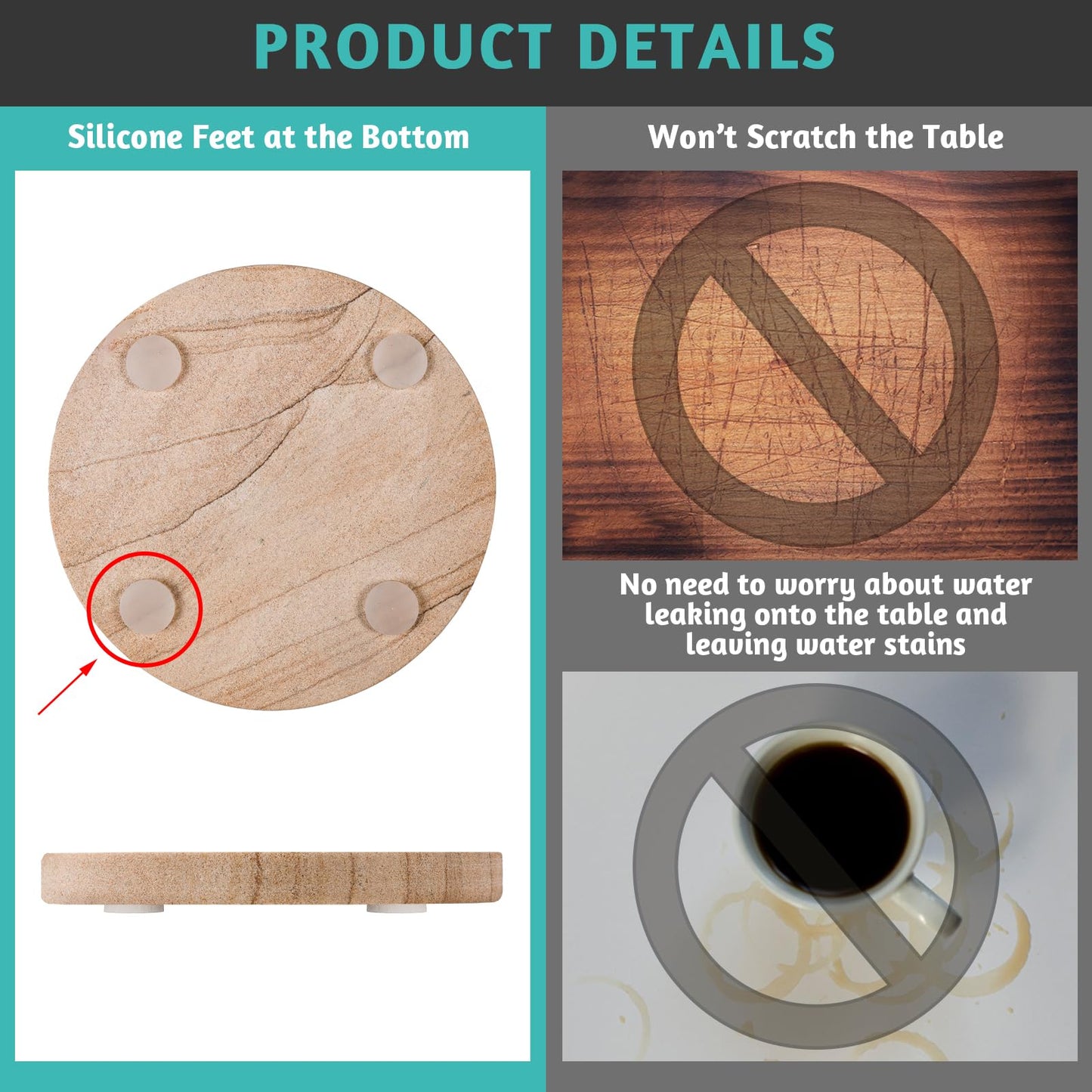 Almagic Natural Sandstone Coasters Set of 6 with Holder, 4 in Dia, Round, Heat Resistant & Absorbent, for Home & Office