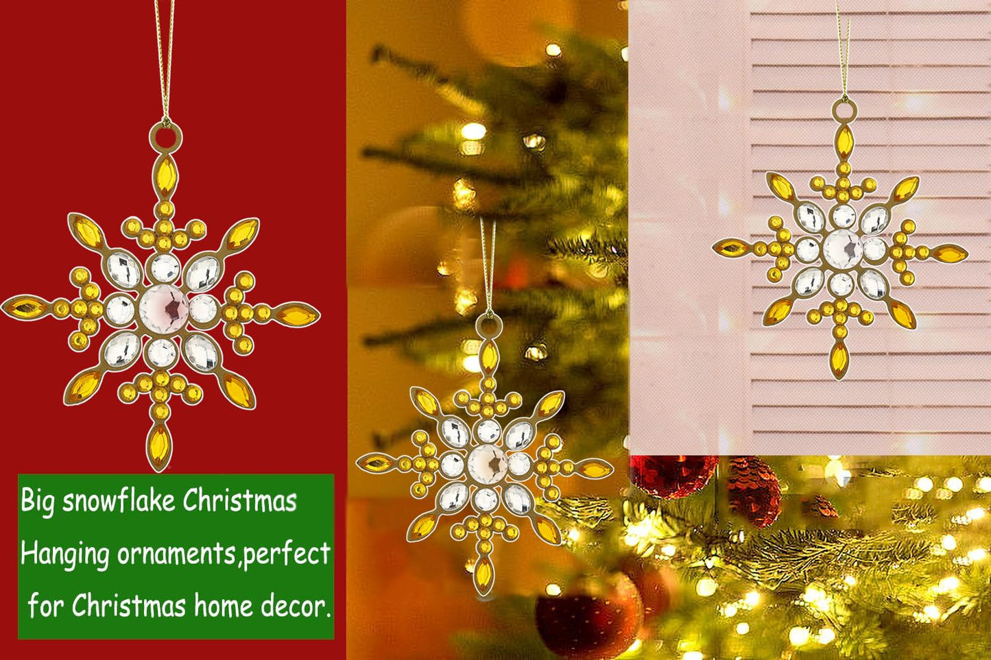 4 pcs Gold Sparkling Snowflake Christmas Ornaments-Large Christmas Tree Decoration- Hanging Reinstone Christmas Snowflake Ornaments for Christmas Tree Winter Supplies (4, Gold)
