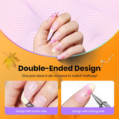 Beetles Nail Art Brushes 8pcs – Crystal Nail Art Tools 5pcs Double-headed Nails Dotting Tool, 3pcs Striping Liner Brushes for Nails with Pearls Bowknot Stickers, DIY Home Salon Manicure Design Tools