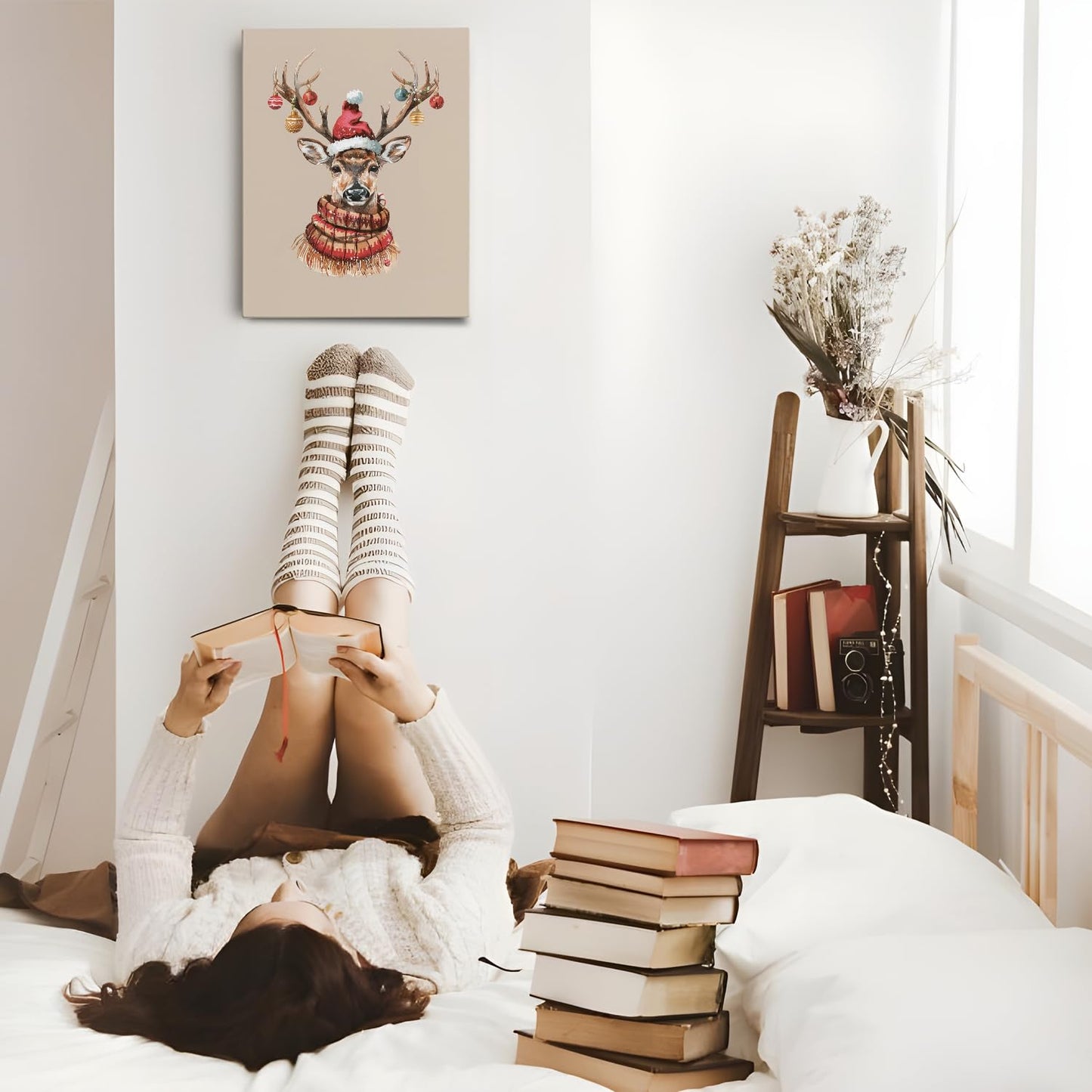Winter Christmas Reindeer Wall Art Poster for Living Room Bedroom, 11x14 Inch Framed Wall Decor, Christmas Pictures and Decorations