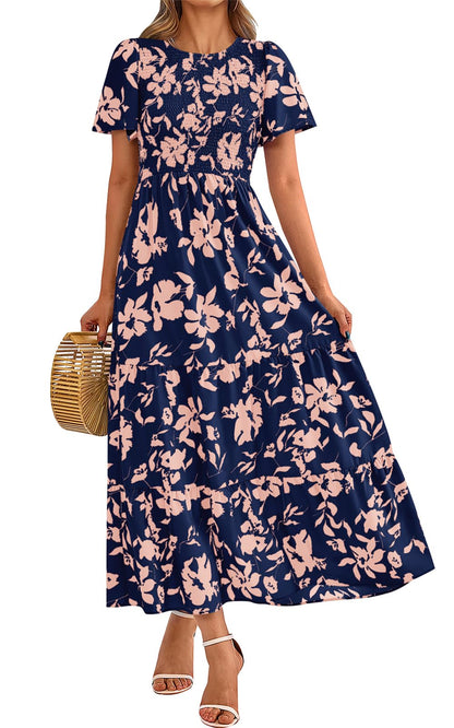 PRETTYGARDEN Women's 2025 Summer Casual Flutter Short Sleeve Boho Floral Maxi Dress Crew Neck Smocked Tiered Long Dresses