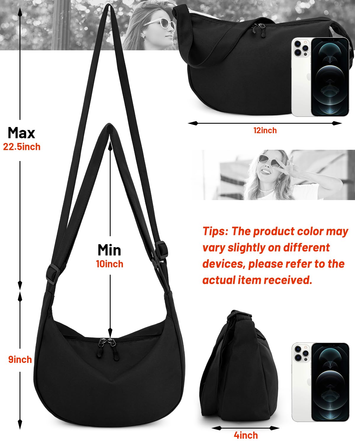 Small Sling Crossbody Bag for Women Men, Mini Crescent Bag with Adjustable Strap, 2 Zippers Lightweight Nylon Shoulder Waist Fanny Pack Belt Bag for School Sport Casual Travel Hiking Work, Black, Small, Causal