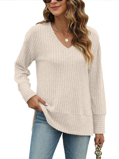 JomeDesign Womens Sweaters Long Sleeve V Neck Shirts Loose Casual Fashion Tops