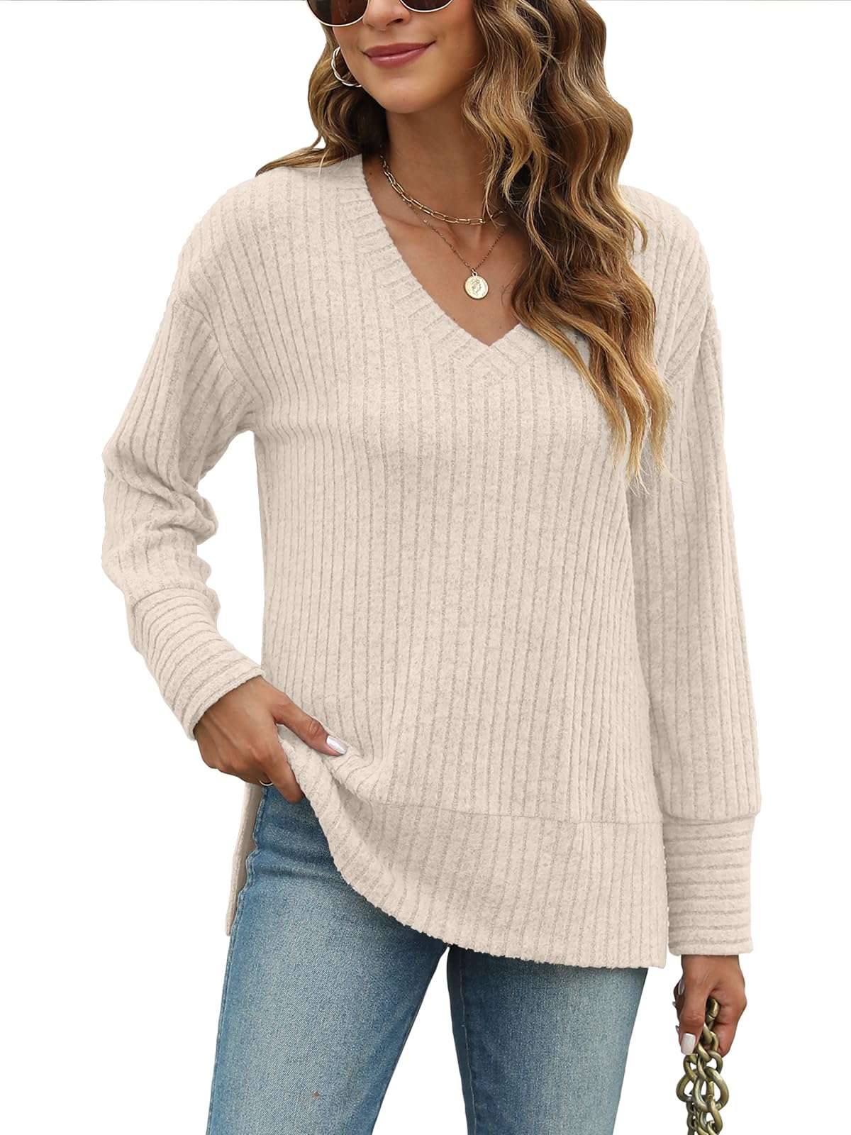 JomeDesign Womens Sweaters Long Sleeve V Neck Shirts Loose Casual Fashion Tops