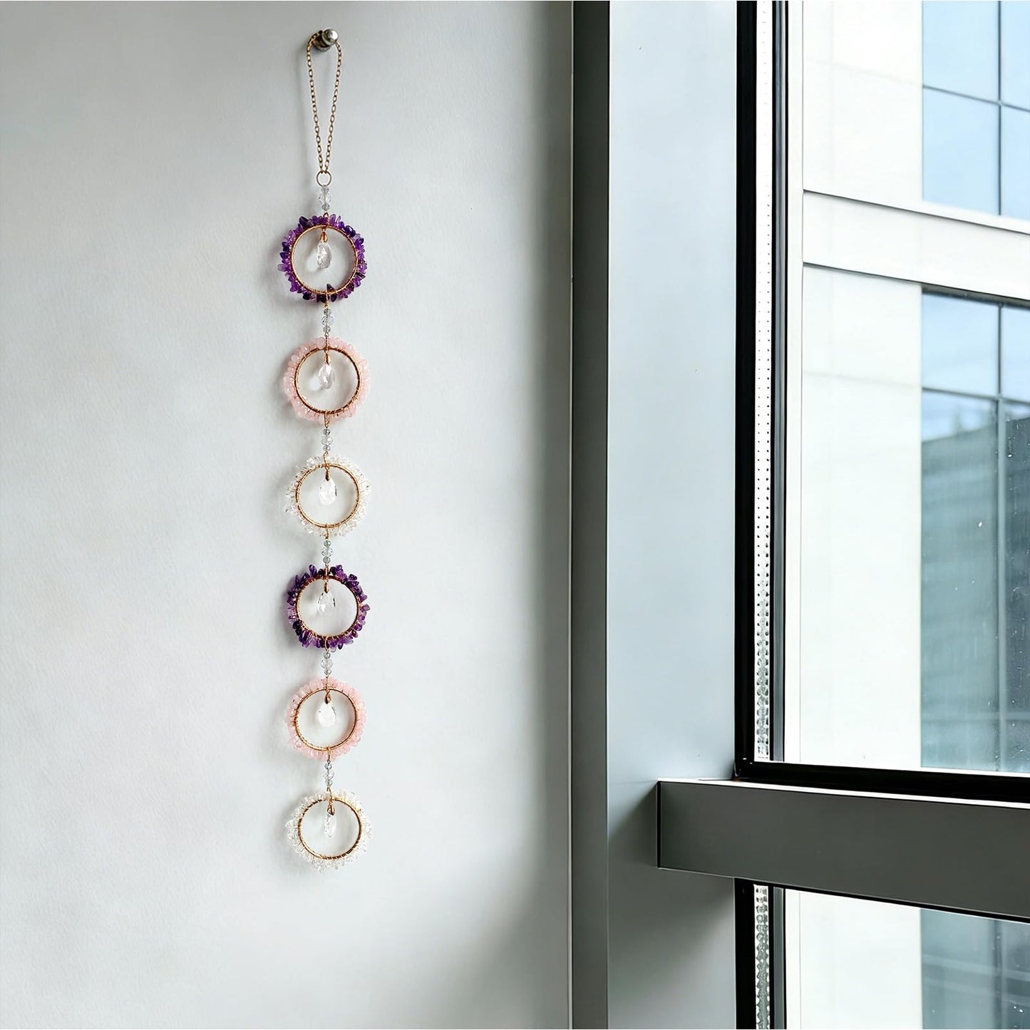 Pendlixy Emotional Healing Crystal Wall Decor Suncatcher, Amethyst Rose Quartz Clear Quartz Emotional Healing Hanging Crystals for Window, Stress Relief Gemstone Wall Hanging Gift