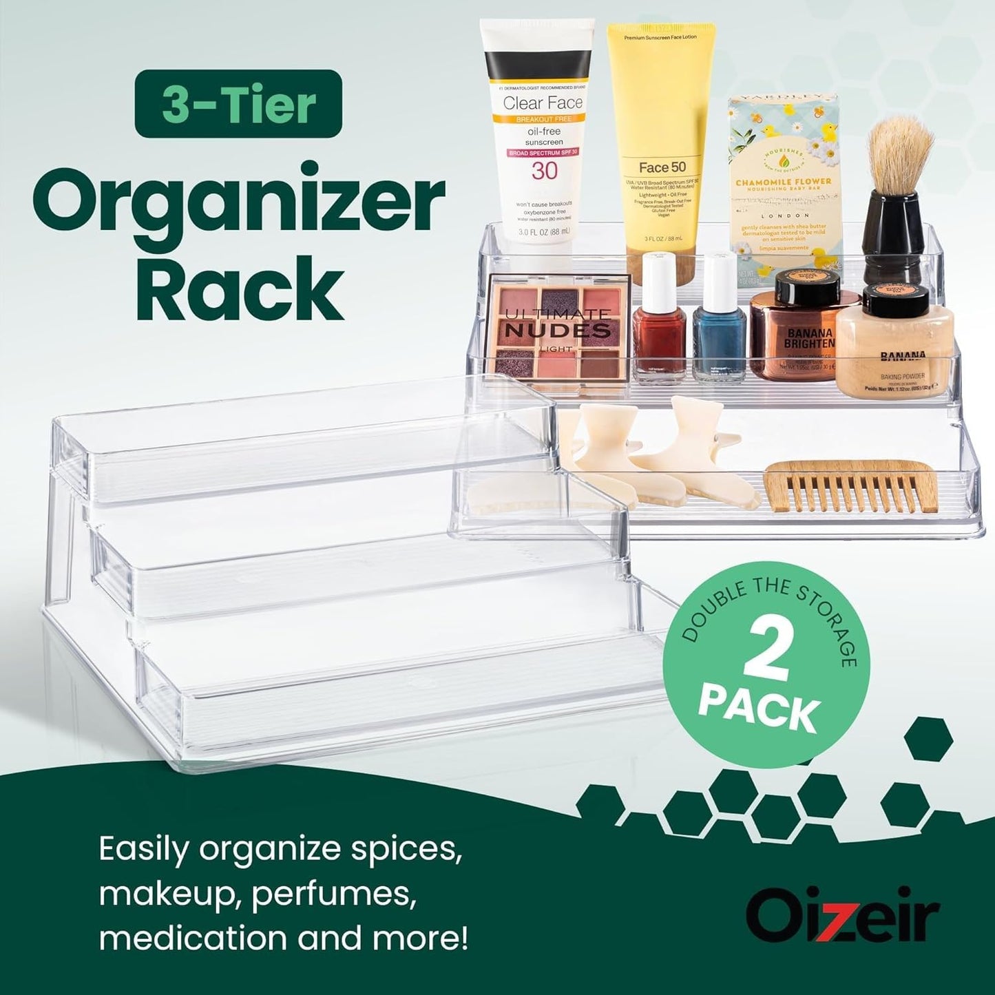 Oizeir Clear Spice Rack (2-Pack) - 3-Tier Acrylic Organizer for Cabinet - Deep Spice Shelf - 10.4 x 9.6 x 4 Inches - Holds Seasoning and Condiments