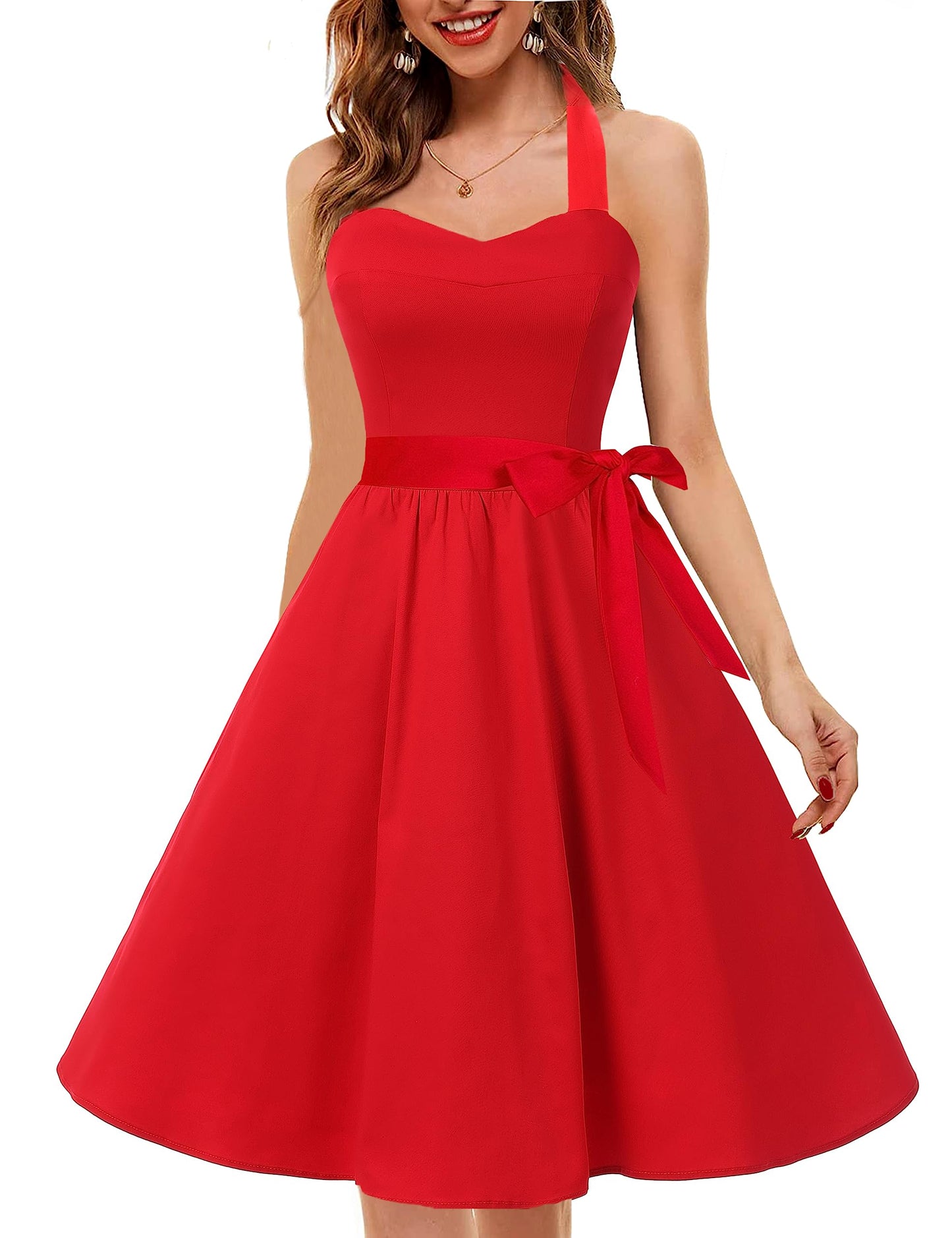 Topdress Women's Vintage Polka Audrey Dress 1950s Halter Retro Cocktail Dress Red M New
