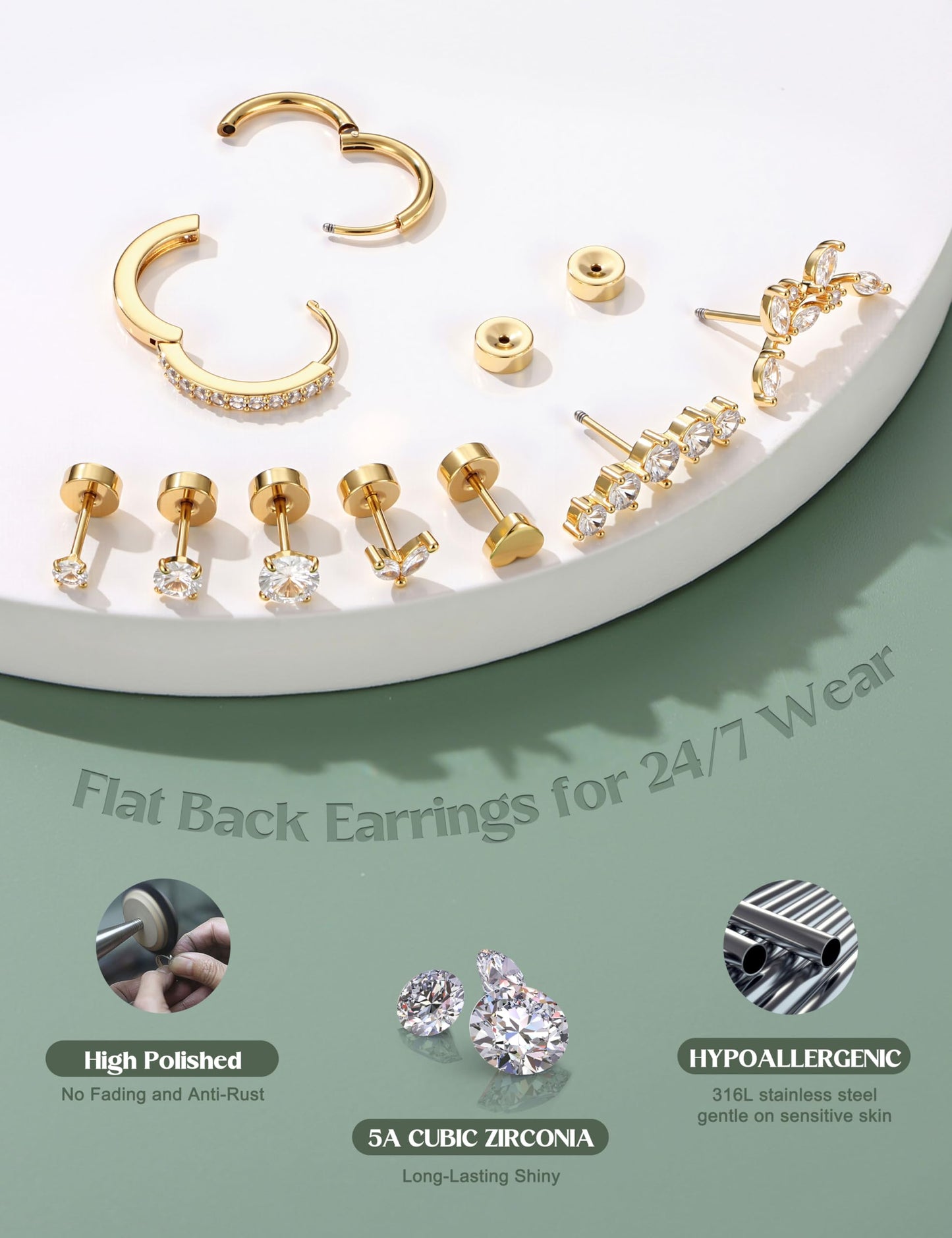 LOLIAS Hypoallergenic Flat Back Earrings Cartilage Earring Stacks - Surgical Steel Earrings for Sensitive Ears - Small Stainless Steel Flatback Stud Hoop Earring Sets for Helix Tragus Conch Daith Multiple Piercing Jewelry Trendy 14K Gold Plated