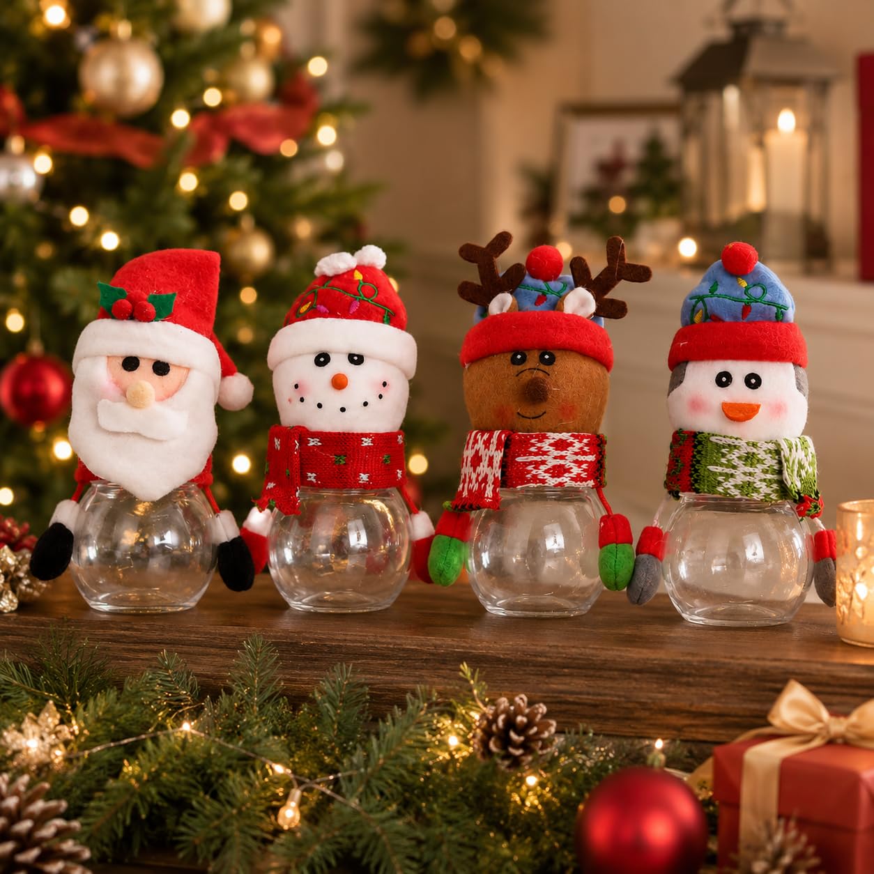 LUOZZY 4pcs Christmas Candy Jars Clear Treat Containers Xmas Holiday