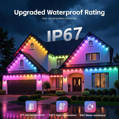 Permanent Outdoor Lights,200ft RGB + IC Smart LED Eaves Lights with App & Remote Control, IP67 Waterproof,for Christmas and All Holiday Decor,Daily and Accent Lighting,House Roof and Garden Lighting