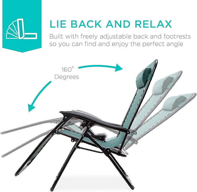 Best Choice Products Set of 2 Adjustable Steel Mesh Zero Gravity Lounge Chair Recliners w/Pillows and Cup Holder Trays - Forest Green