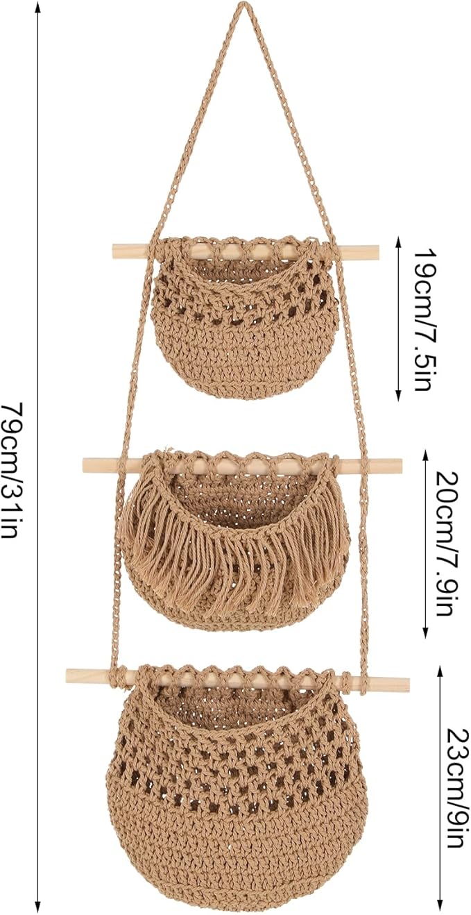 3 Tier Hanging Fruit Basket, Wall Hanging Vegetable Fruit Baskets Cotton Woven