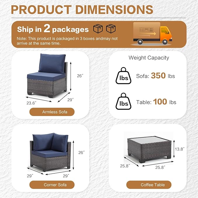 MOCHITO 7 Pieces Outdoor Patio Furniture Sets, All-Weather Sectional Sofa Dark