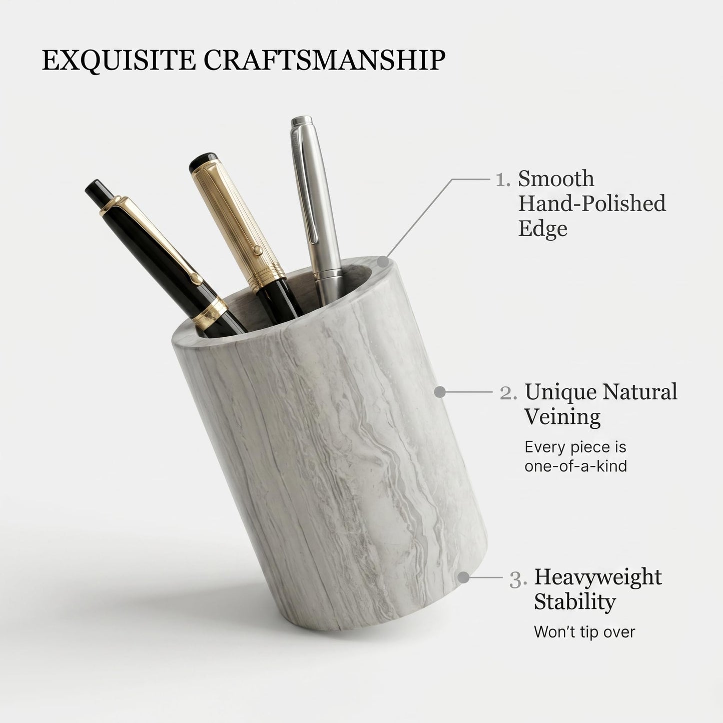 EEJHJNZZ Natural Marble Pen Holder for Desk, Handmade Organizer for Stationery & Makeup Brushes, Sturdy, Classic Grey Office Desk Decor and Gift Idea