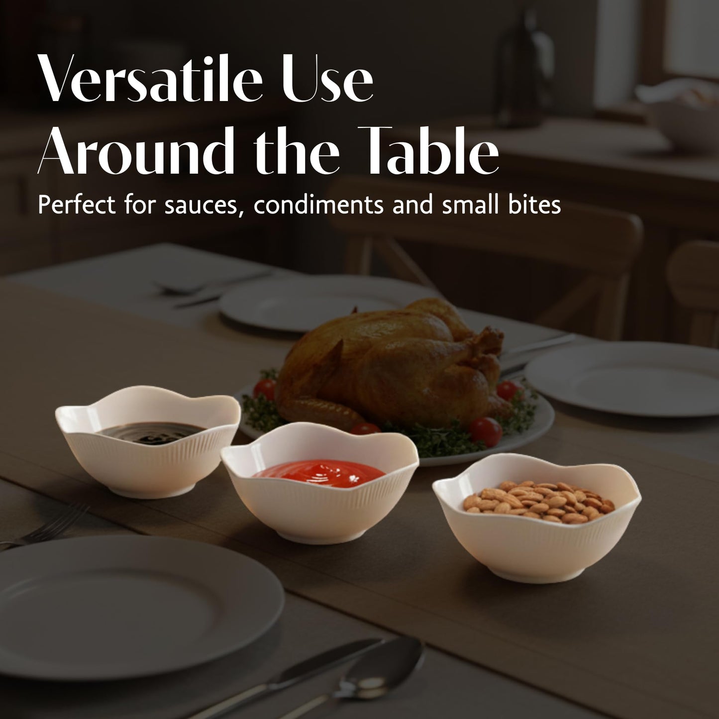 BIA Cordon Bleu Lotus Bowl Set of 4-2 Oz. Asian White Porcelain Dipping Bowls, Stackable Sauce Dishes for Snacks, Appetizers & Condiments - 3.5" Round Bowls, Microwave & Dishwasher Safe