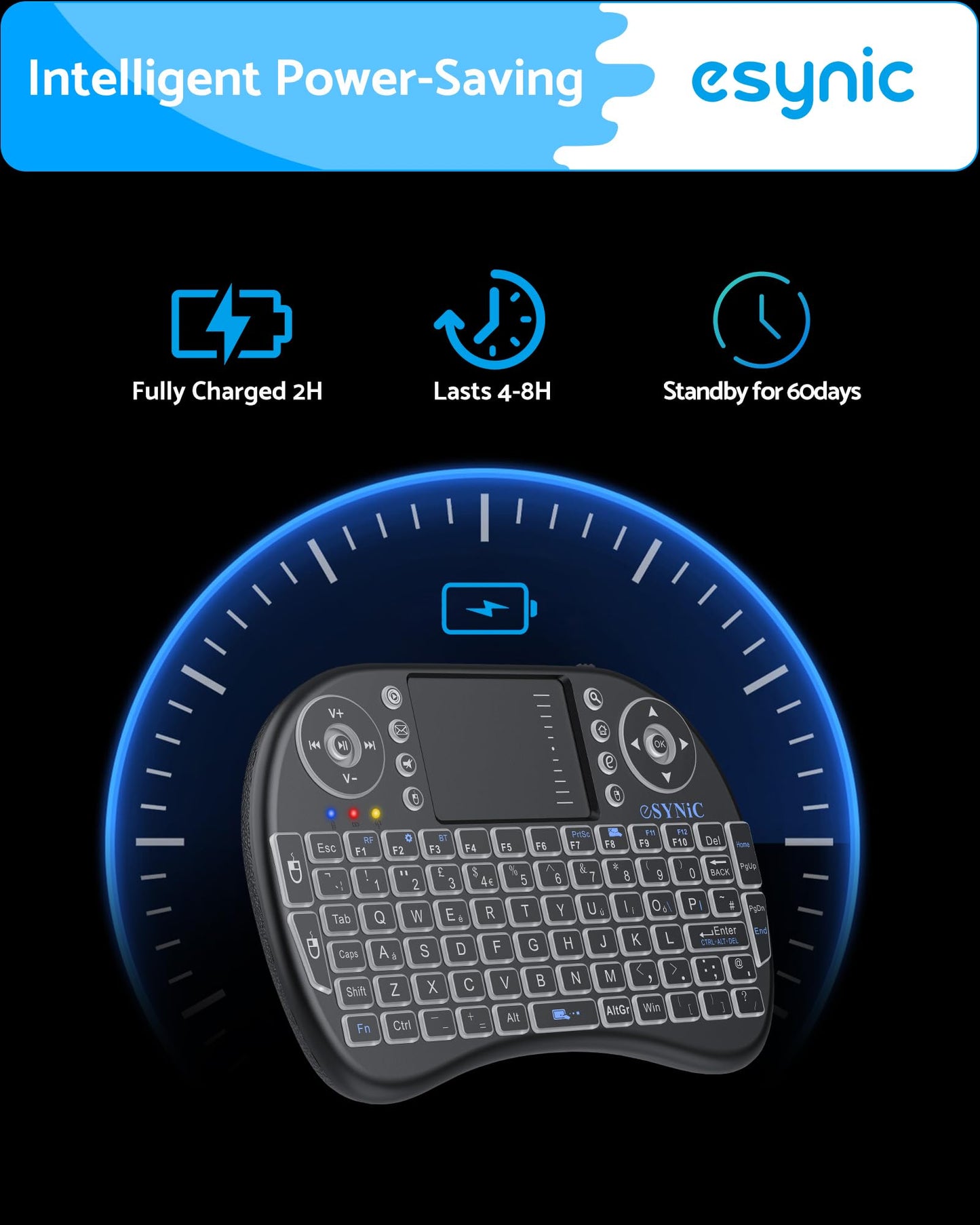eSynic Upgraded Backlit Keyboard Wireless Bluetooth 2.4GHz Keyboard Touchable Portable with Touchpad Mouse and Built-in Rechargeable Battery For Google Smart TV Android Box Windows Laptop