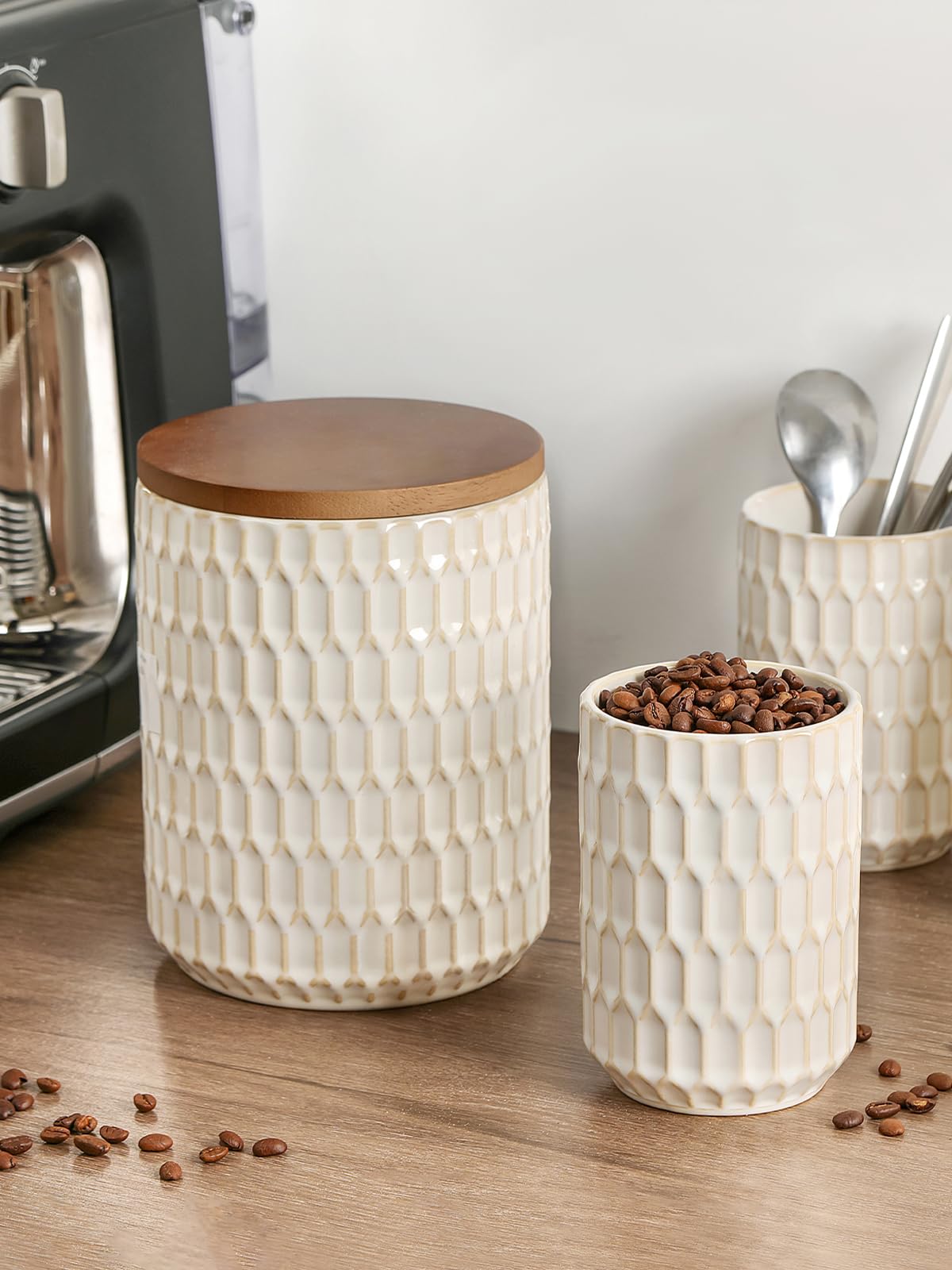ArteBake Ceramic Canisters Sets for the Kitchen, Flour Sugar Storage Containers, Diamond-Patterned Design, Coffee Canister with Airtight Lid for Counter Spice and Food (White Sets of 2)