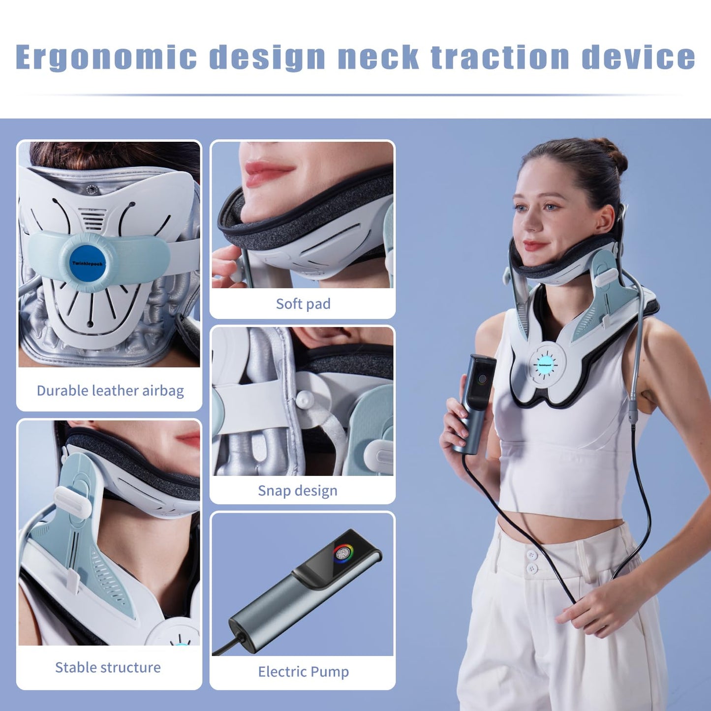 Twinklepoch Cervical Neck Traction Device, Electric Air Pump Cervical Traction Device with 3 Power Traction and 8 Built-in Airbag Support, Neck Pain Relief and Relaxation