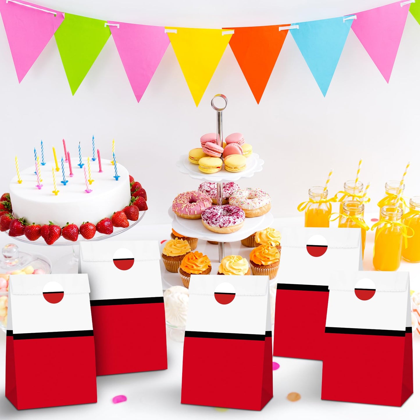 Joottuan 24 Pcs Cartoon Goodie Bags Red White Candy Bags with 24 Stickers Paper Gift Bag Decorations for Birthday Holiday Event Supplies Gift Fillers