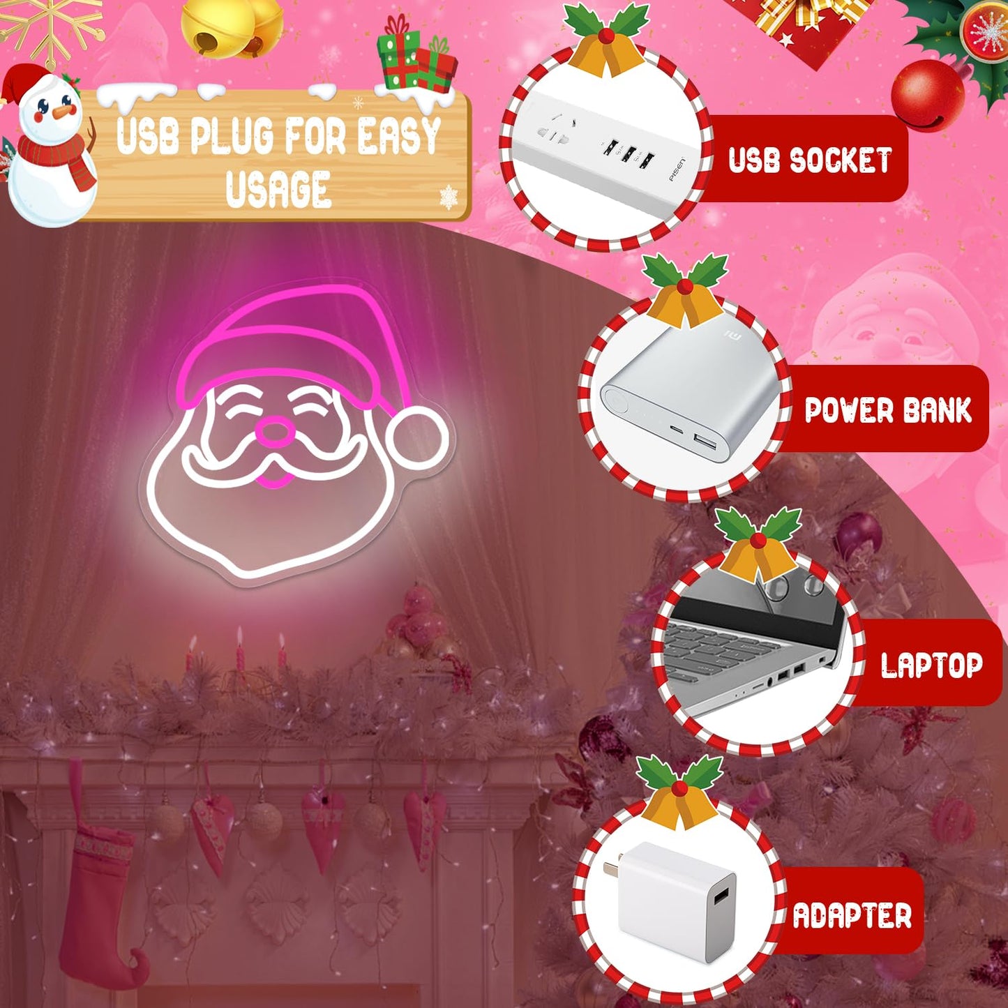 Christmas Neon Sign Pink Santa Neon Sign for Wall Decor Pink Christmas Decor Santa Claus Led Sign Xmas Neon Light Up Signs for Window Bedroom Holiday Door Party Home Winter Decoration Gift