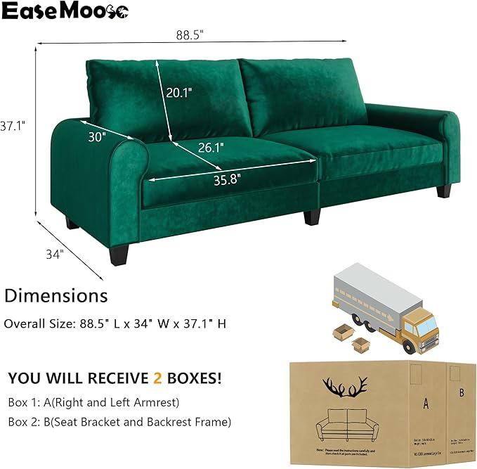 EASE MOOSE 88.5" Large Seat Velvet Loveseat Sofa, Soft Deep Seat Couches
