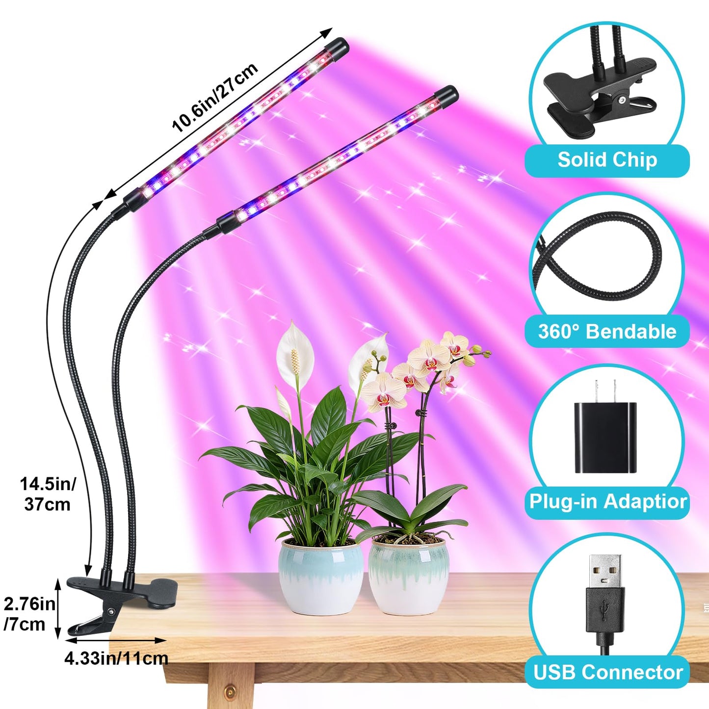 Indoor Plant Grow Light, Full Spectrum Clip Plant Lamp with Red, Blue, White Light, Plant Growing Light with Adjustable Gooseneck, 4/8/12/18H Timer, 10 Brightness Levels, 3 Lighting Modes, 2 Head