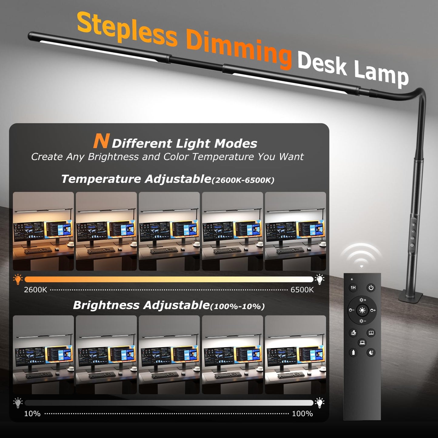 LED Desk Lamp for Office Home, Eye-Caring Desk Light with Stepless Dimming Adjustable Flexible Gooseneck, 10W USB Adapter Desk Lamp with Clamp for Reading, Study, Workbench (Black)