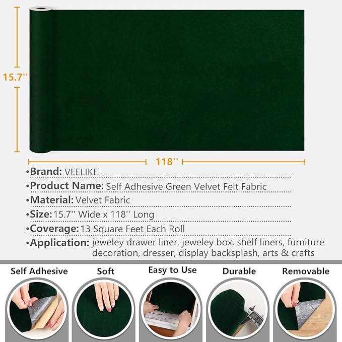 VEELIKE Self Adhesive Green Velvet Flock Liner Contact Paper