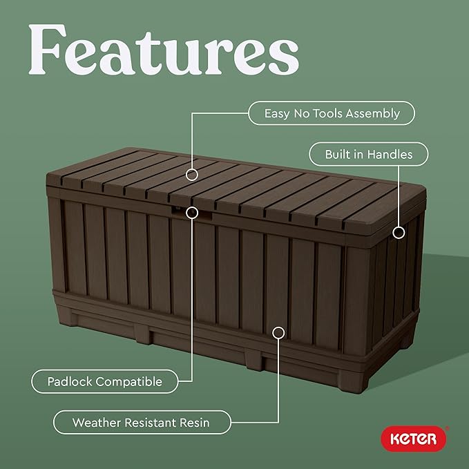 Keter Kentwood 92 Gallon Resin Deck Box-Organization and Storage for Patio Furniture Outdoor Cushions, Throw Pillows, Garden Tools and Pool Floats, Brown