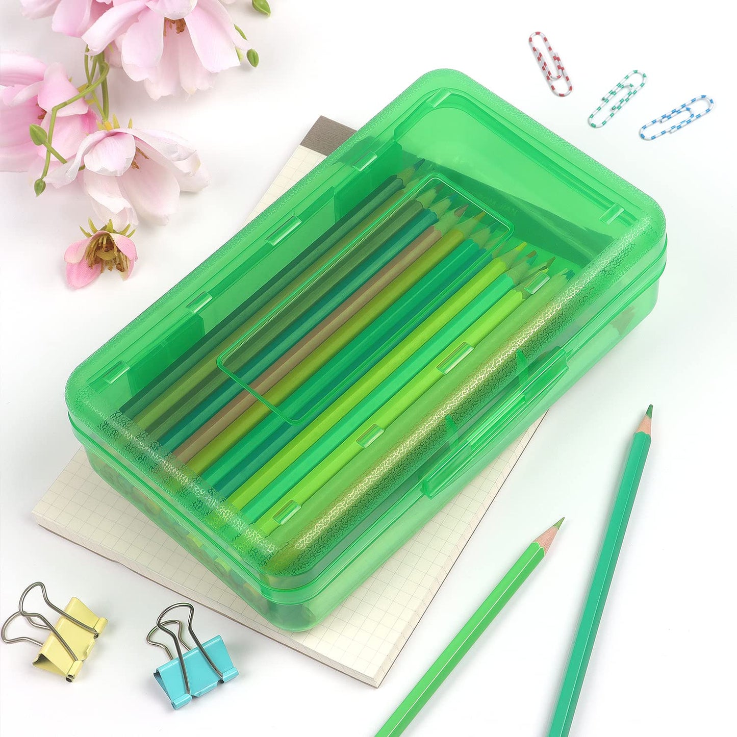 Tamaki 1 Pack Plastic Pencil Box Large Capacity Pencil Boxes Clear Boxes with Snap-tight Lid Stackable Design and Stylish Office Supplies Storage Organizer Box, Green
