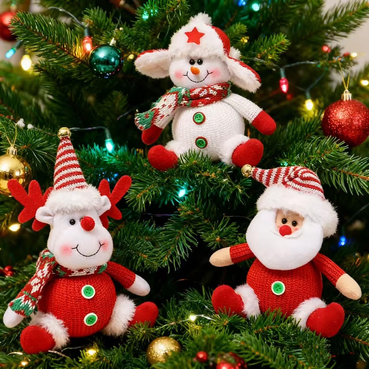3PCS Christmas Tree Ornaments, Plush Santa Snowman Reindeer Decorations,Hanging Xmas Ornaments Holiday Party Decor