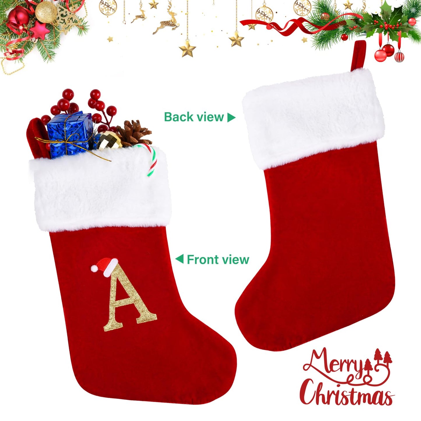 20 Inches Monogram Christmas Stockings with Letters, Large Super Soft Christmas Stockings Red Velvet with White Super Soft Plush Cuff for Christmas Xmas Tree Holiday Fireplace (A)