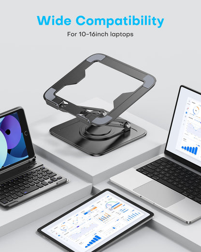 Adjustable Laptop Stand, Computer Stand with 360 Rotating Base, Ergonomic Laptop Riser Mount for Desk Foldable Protable Computer Desk Fits with MacBook Pro Air (10-16") - Black