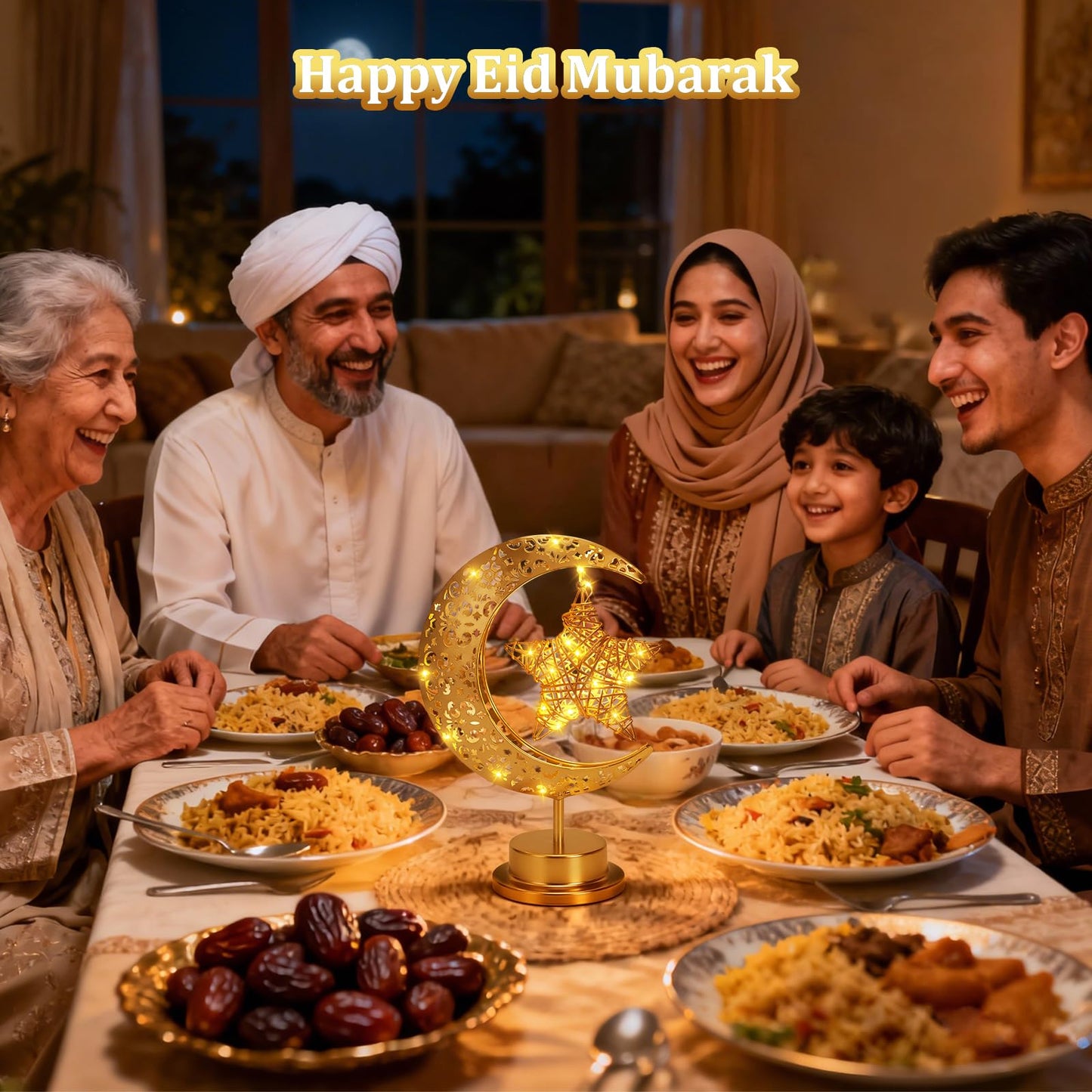 Half Moon Light Metal Ramadan Star Decorative Lamp - Battery Operated, Eid Decorations, Moon Night Light for Kids