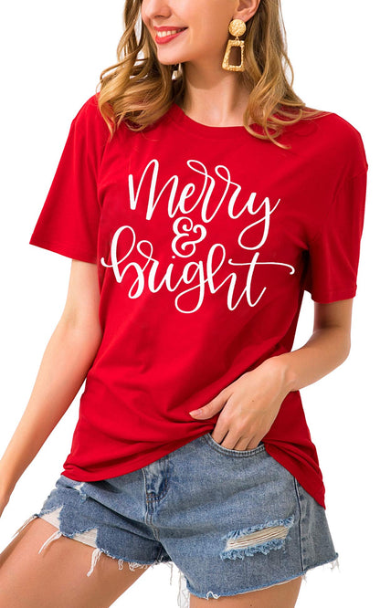 MAIHUN Christmas Shirts Womens Merry and Bright Shirt Xmas Holiday Tshirt Christmas Lights Tee Tops Red