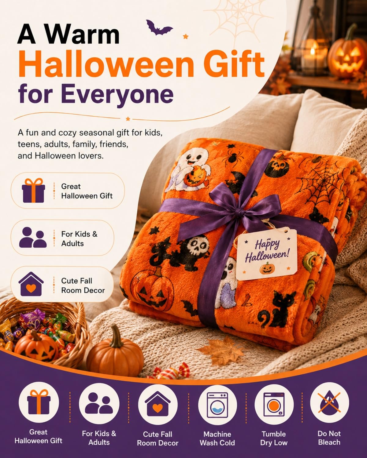 Halloween Throw Blanket Couch Cozy Flannel Decoration for Party Bed Soft Flannel Ghost Blanket Halloween Harvest Gifts Horror Ghost Bat Pumpkin(Model3,60x80in)