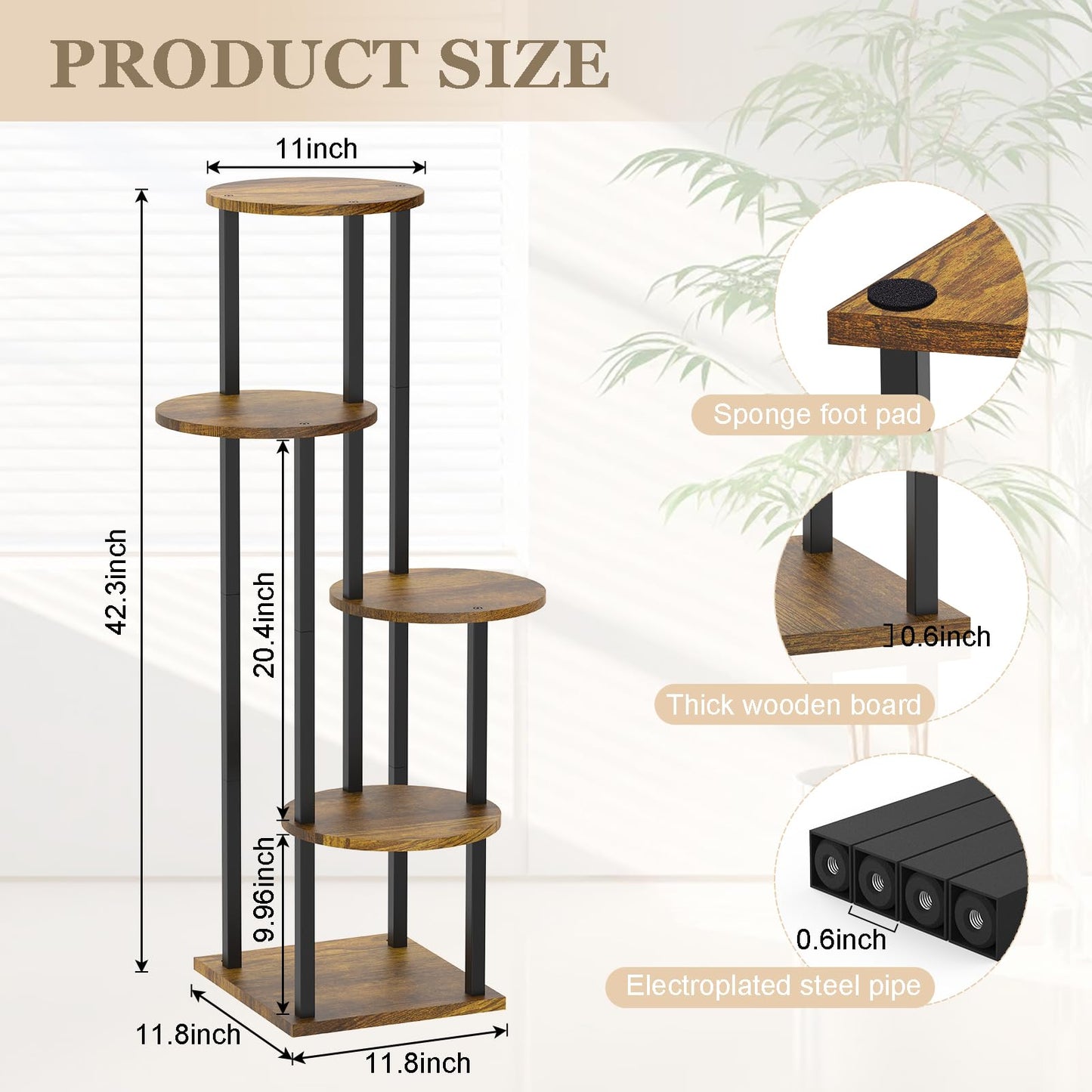 SMFANLIN 5 Tier Plant Stand Indoor, Metal Wooden Tall Plant Shelf Flower Pot Stand for Multiple Plants, Corner Flower Holder Plant Display Rack for Living Room Balcony Patio Garden (Rustic Brown)