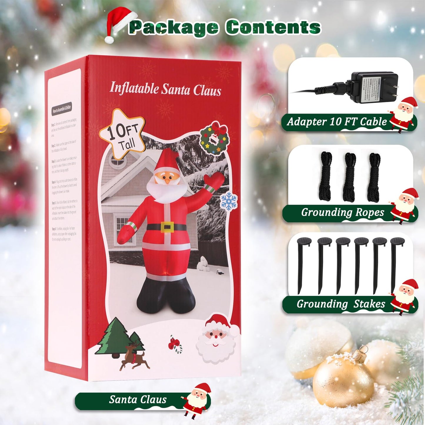 10FT Christmas Inflatables Santa Claus Outdoor Decoration, Giant Blow up Santa Claus with Built-in LED Lights, Classic Xmas Decor for Yard Garden Lawn Hall Plaza Mall Holiday Party, Inflates Quickly