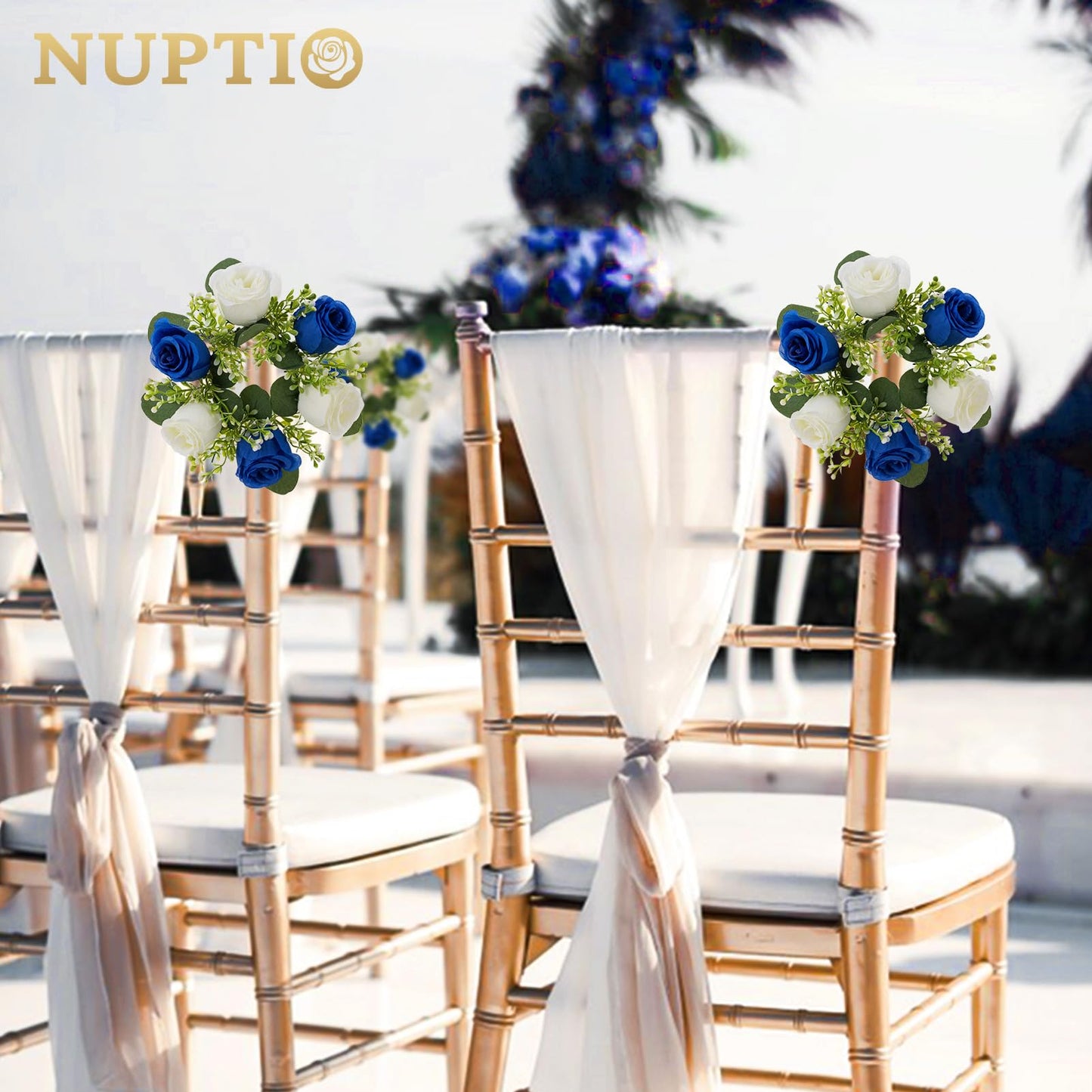 NUPTIO Small Wreath for Table Centerpieces: 9.05 Inch Royal Blue & White Flower Candle Rings for Wedding Party Christmas - Rose Wreaths for Spring Summer Front Door Porch Decor 6 Pcs
