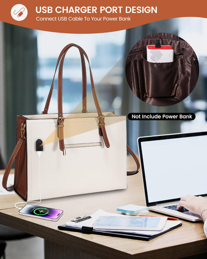 LOVEVOOK 15.6 Inch Laptop Bag for women, Large Waterproof PU Leather Work Briefcase with USB Charging Port Casual Computer Bag Messenger, Fashion Business Office Tote Handbag Purse, White-Brown