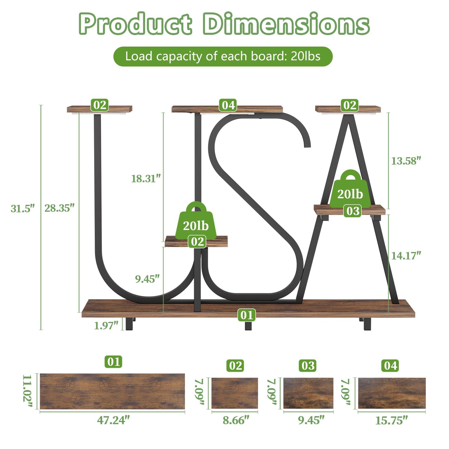 NUNUDA Plant Stand Indoor with Grow Lights - Enlarged 6 Tiered Plant Shelf with Grow Light, 32" USA-Shaped Plant Stand Holds 12 POTS Indoor Plants, Metal Plant Shelf for Home, Living Room, Patio