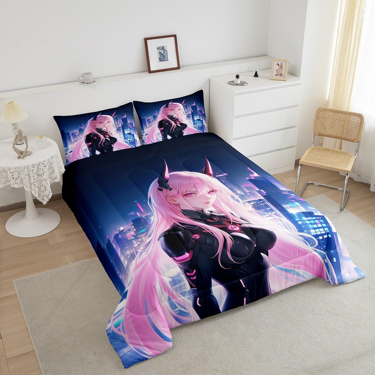 Erosebridal Japanese Anime Comforter Set Twin Size, Anime Girl Bedding Set Kawaii Japanese Style Quilt Cartoon Japan Animation Duvet Insert for Boys Teens Adult Women Bedroom Decor