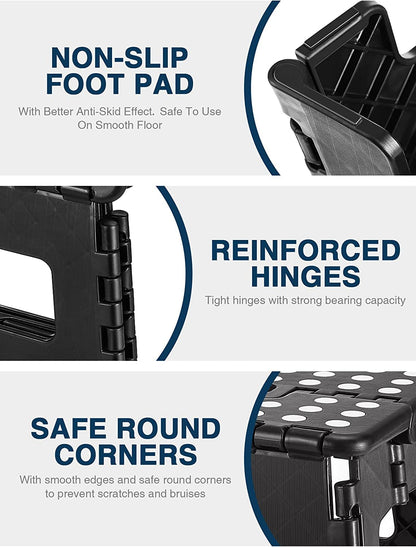 HOUSE DAY Folding Step Stool 13 inch(33cm) Height Medium Heavy Duty Foldable Stool for Adults, Large Foldable Step Non-Slip Folding Stools Portable Plastic Collapsible Step for Kids - Black