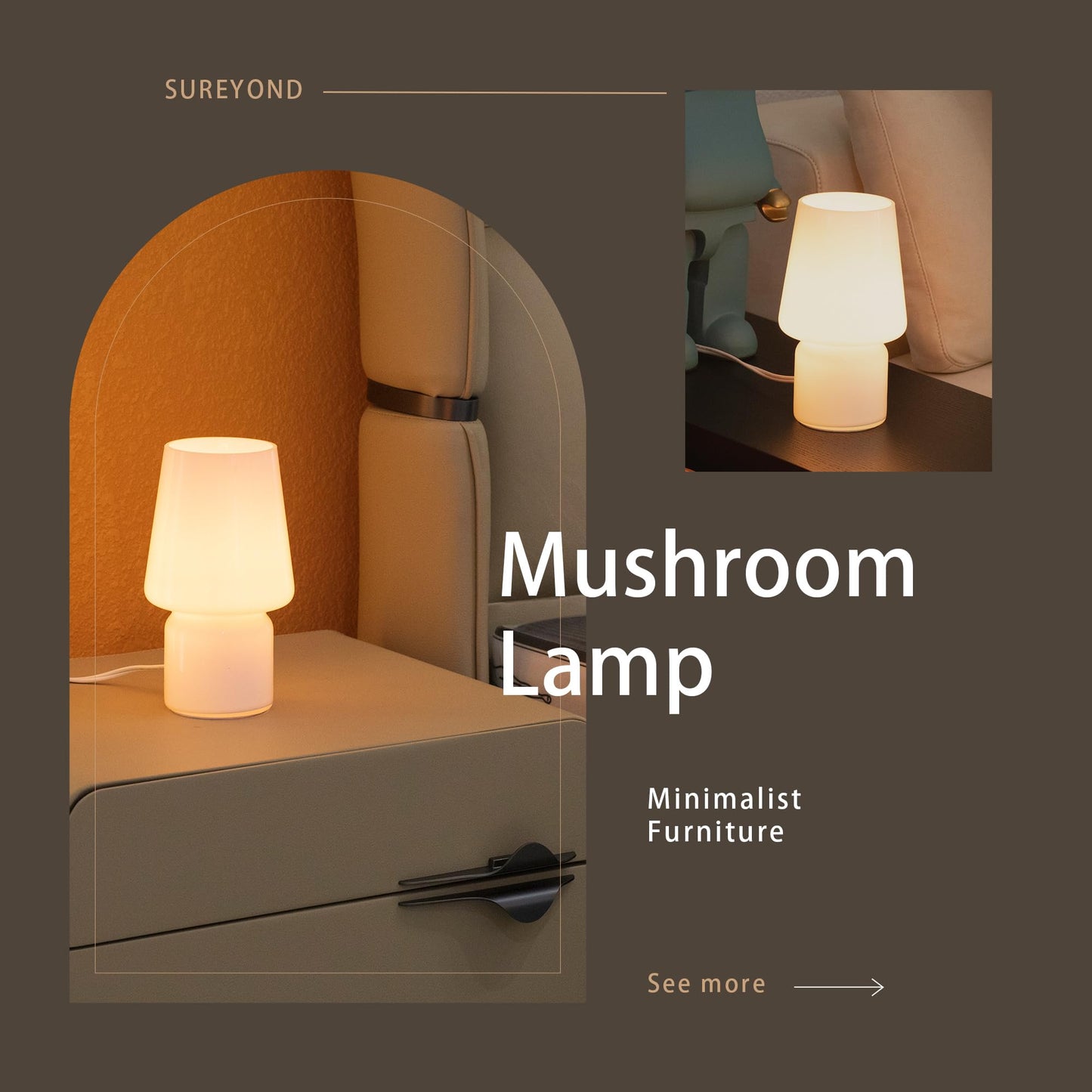 SUREYOND Mushroom Lamp,Mother's Day Gifts,Small Table Lamp,Cute Nightstand Kitchen Mini Lamp,Glass Table Lamp,Suitable for Bedrooms, Kitchens, Living Rooms, Bedside, Girl Gifts（White）