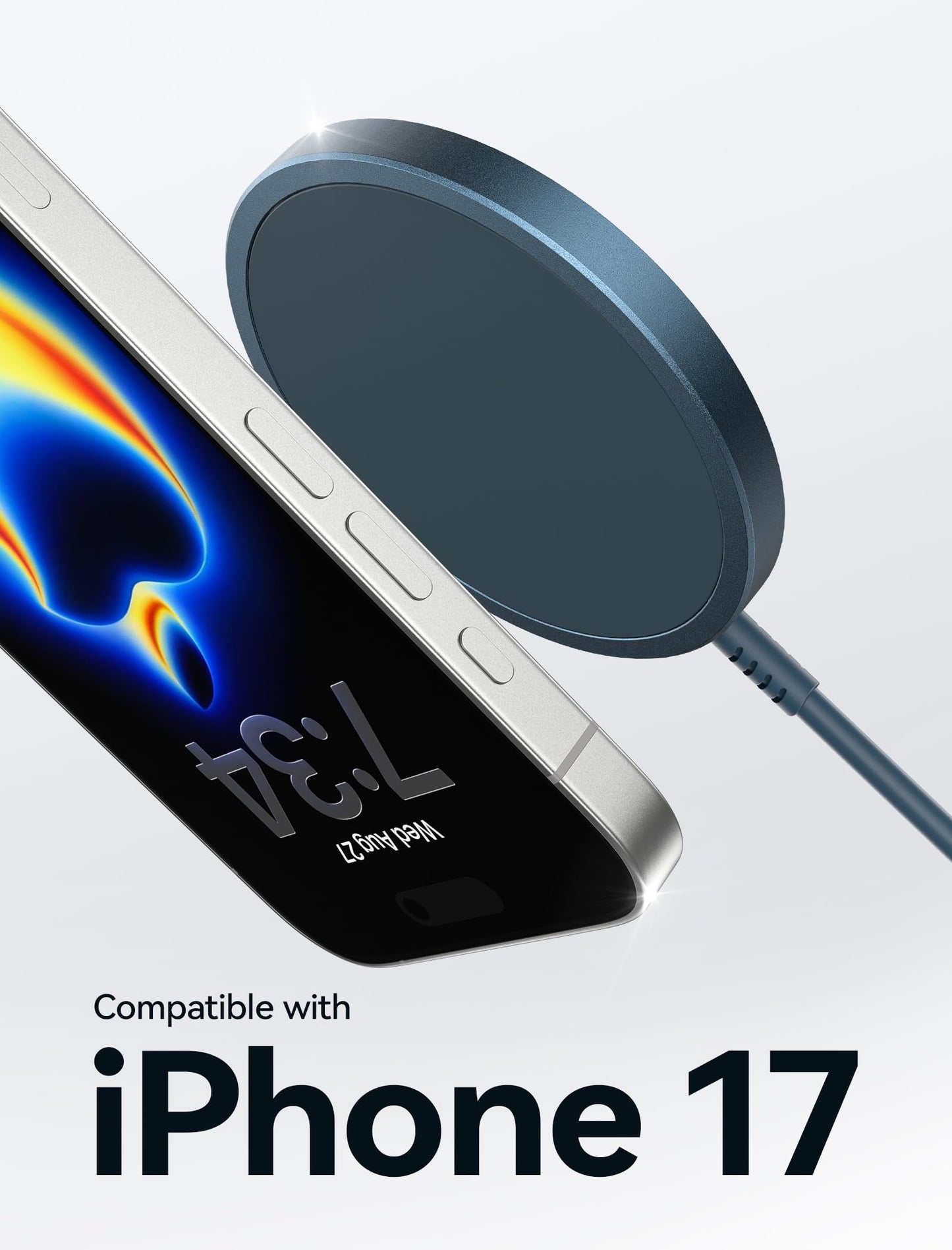 JSAUX Wireless Charger for iPhone 17 MagSafe Charger, Magnetic Charger for iPhone 17 Air Pro Max/16/15/14/13/12 Series/Airpods, Aluminum Alloy, USB & USB C Dual Ports, Mag Wireless Charging Pad-Blue