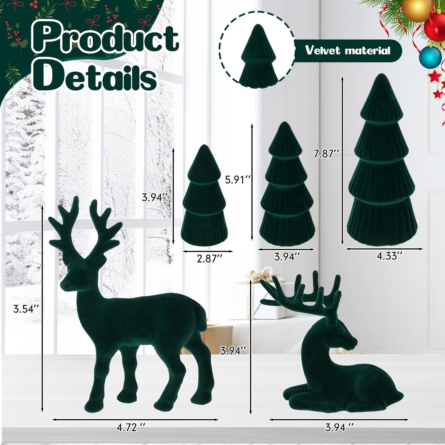 Amyhill 5 Pack Christmas Velvet Reindeer & Tree Decor Christmas Reindeer Decor Tree Figurine for Indoor Home Decoration Tabletop Mantle Cabinet Desktop Office(Green)