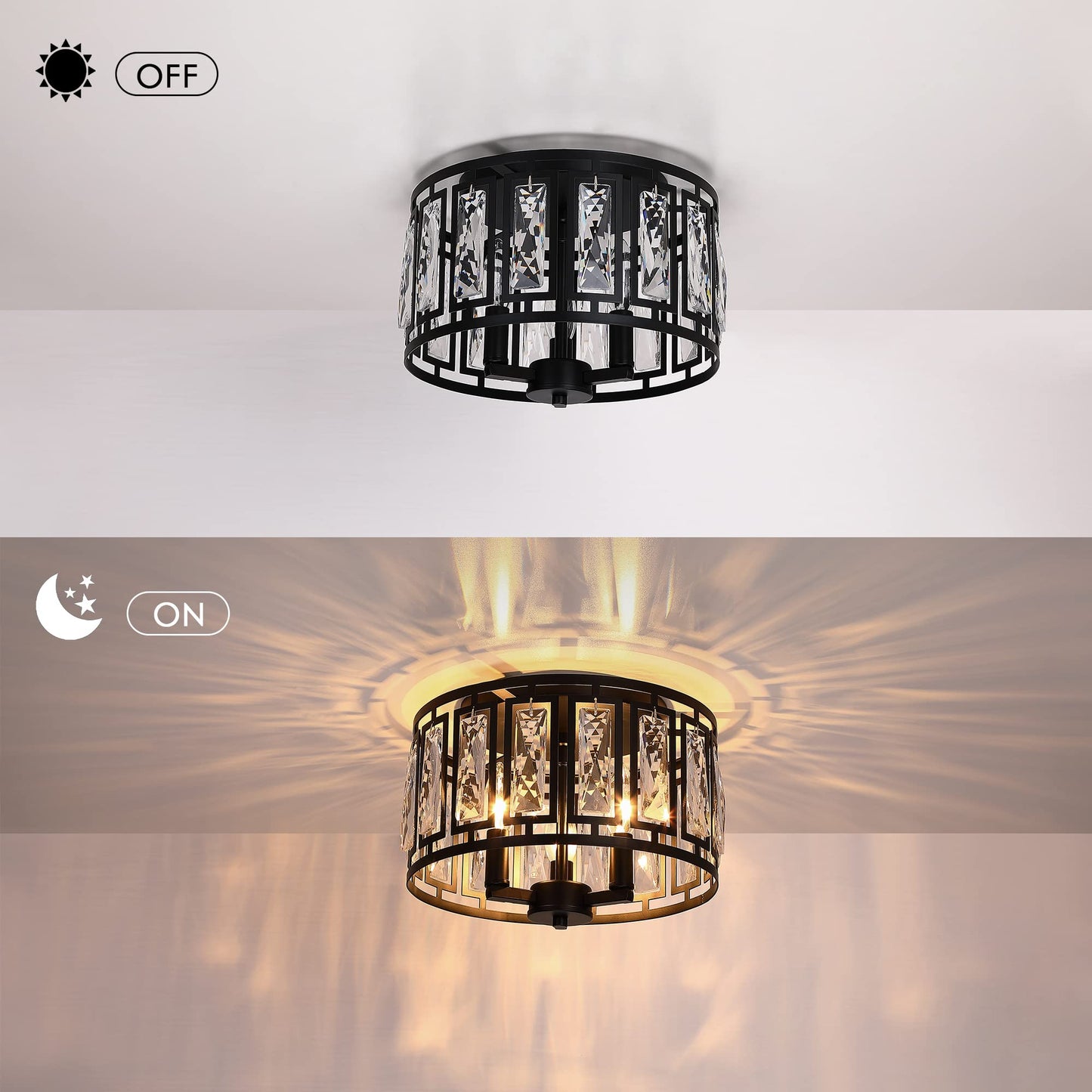 Giiland Crystal Ceiling Light Flush Mount for Bedroom, Kitchen Island Crystal Drum Shade Lighting Fixture, 3-Light Black Ceiling Lamp for Dining Room